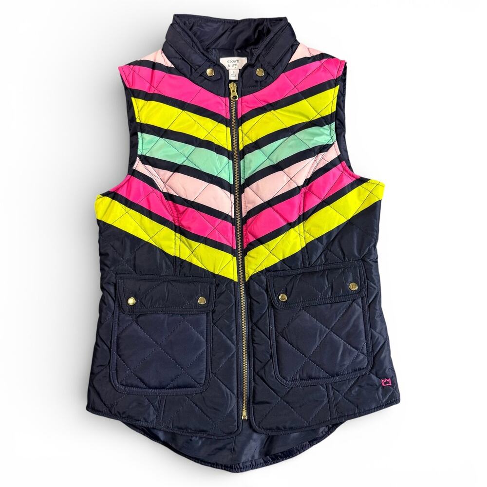 Crown & Ivy Quilted Vest Womens Small Blue Multi Stripe Preppy Full Zip Pockets